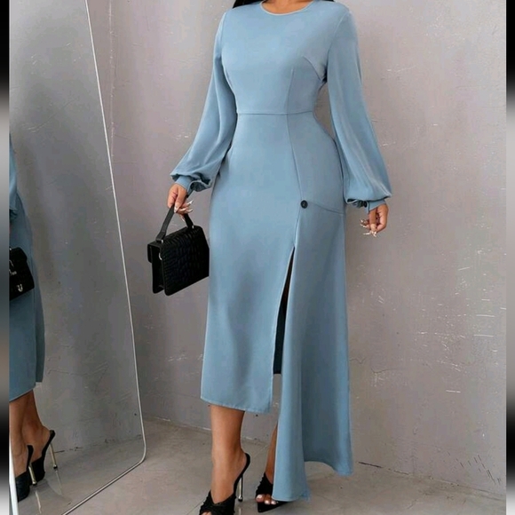 Women Elegant Sexy Fitted Blue Long Sleeve Dress, Autumn